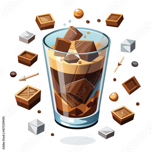 Refreshing cold coffee with chocolate cubes and sweeteners