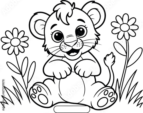 Adorable Cartoon Lion Cub Sitting Amongst Flowers, Black and White Line Art
