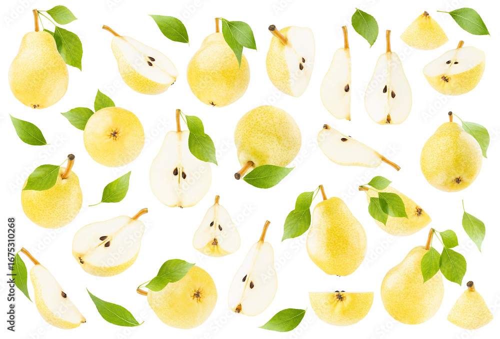 Obraz premium Yellow ripe pear fruits grand collection, isolated on white background, closeup. Pears whole, halves, quarters with green leaves from different sides, studio shot. Summer fruit set for advertising.