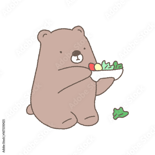 샐러드를 먹으며 다이어트하는 곰 만화 일러스트