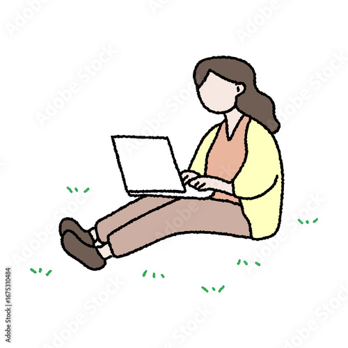 야외에서 컴퓨터를 하고 있는 사람 일러스트