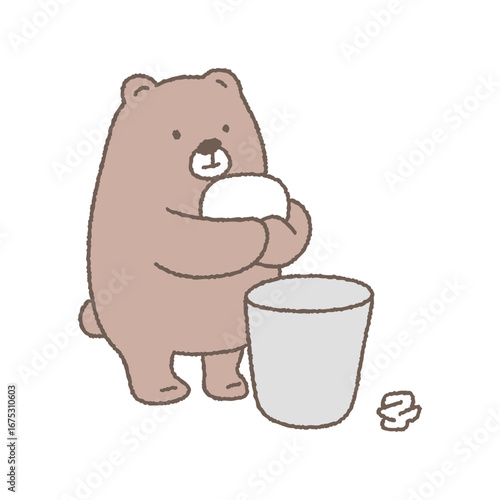 쓰레기를 휴지통에 버리고 있는 곰 만화 캐릭터