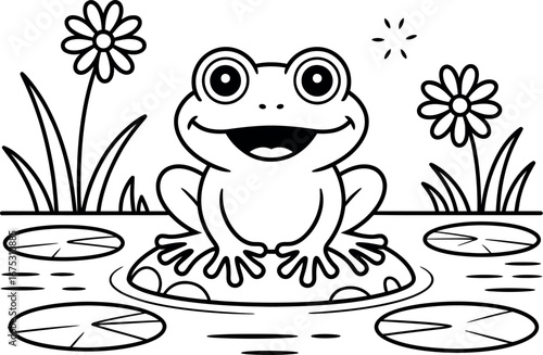 Happy Cartoon Frog on Lily Pad, Black and White Line Art Illustration