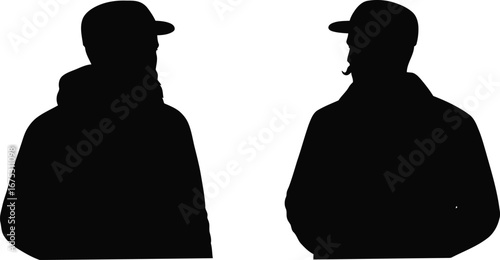 Silhouette of two men wearing baseball caps and jackets facing away from viewer vector