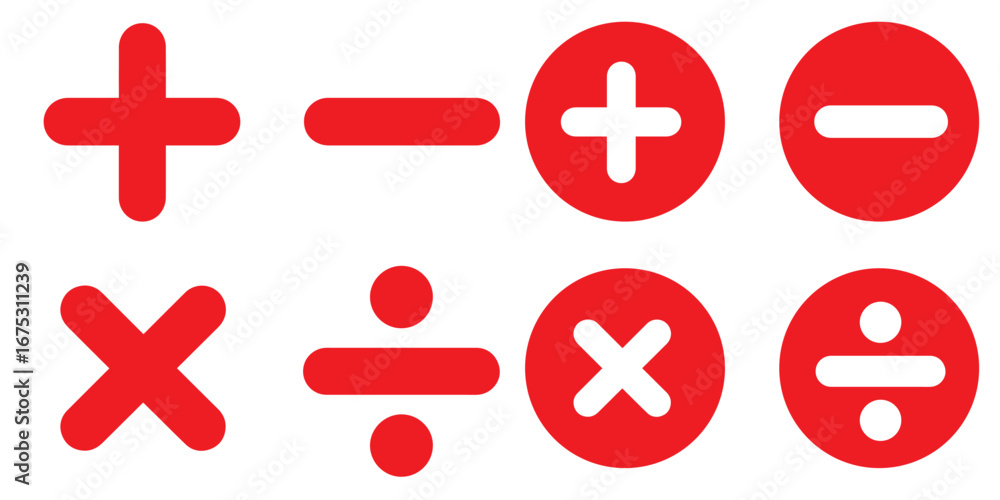 Obraz premium Four basic mathematical operation symbols plus minus multiply and divide. Addition, subtraction, multiplication, division sign, icon symbol. eps 10