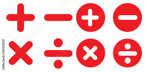 Four basic mathematical operation symbols plus minus multiply and divide. Addition, subtraction, multiplication, division sign, icon symbol. eps 10
