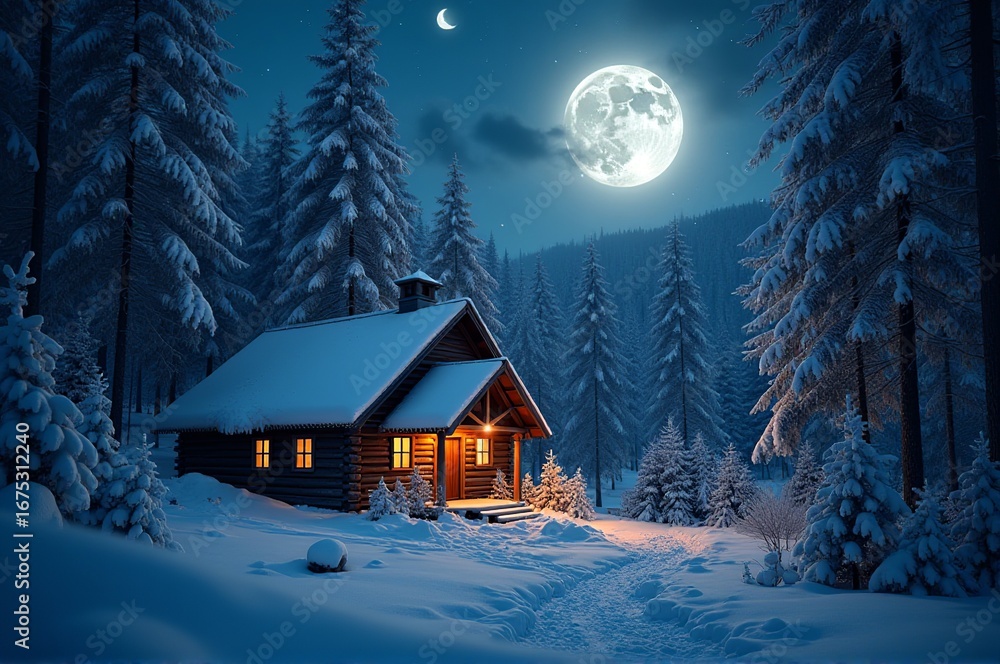 Fototapeta premium Nestled among tall evergreen trees, a cozy cabin radiates warmth with golden light from its windows, creating a peaceful atmosphere on a moonlit winter night