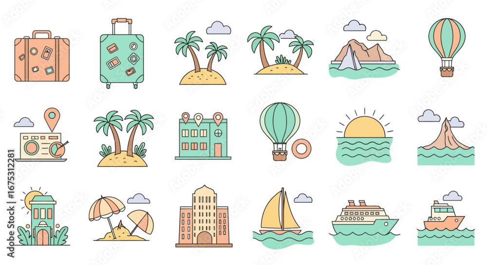 Obraz premium Collection of Line Art Travel Icons - Beaches, Hotels, and Air Travel.