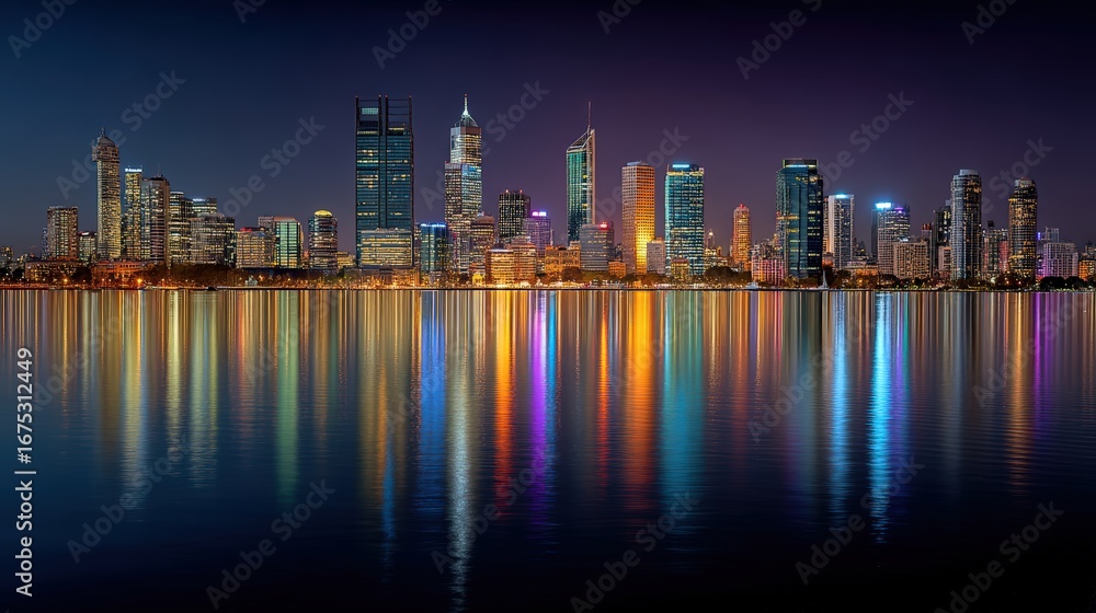 Fototapeta premium Night city skyline with sparkling skyscrapers, reflections dancing on water, vibrant metropolis energy