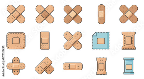 Collection of Cartoon-Style Adhesive Bandages in Various Shapes and Packaging.