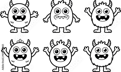Six Cute Cartoon Monsters:  Happy, Friendly, Line Art, Coloring Page Design