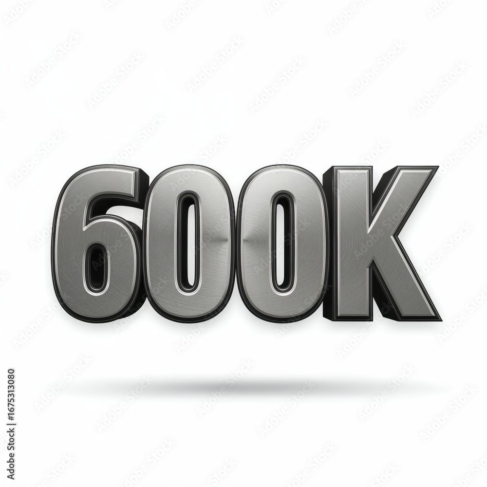 Six Hundred Thousand: A modern, metallic 3D rendering of the number 600K stands prominently, representing a significant figure, with a clean aesthetic. Six Hundred Thousand: A modern, metallic 3D rendering of the number 600K stands prominently, representing a significant figure, with a clean aesthetic.