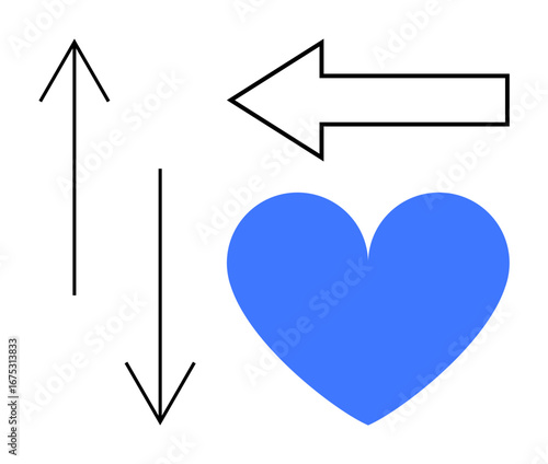 Black arrows indicating upward, downward, and leftward movement paired with a blue heart symbol for emotion and connection. Ideal for love, direction, choices, psychology, communication