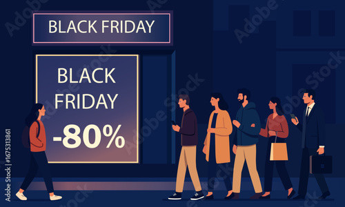 Black Friday vector illustration with people queuing at store window for huge discount. Night shopping scene with crowd, big sale sign, seasonal promotion and retail marketing design.