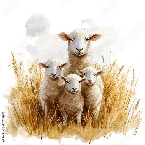 Lambs In Field, watercolor vector, isolated on a white background.