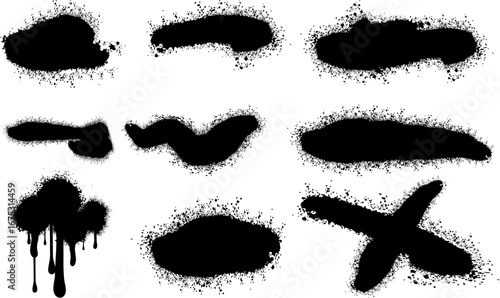 Vector black drips,splats. Abstract grunge blood, Set of graffiti spray banner. Vector spray paint shapes with smudges