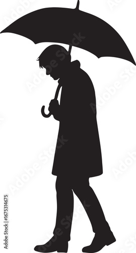 Silhouette of a person walking alone under an umbrella in the rain