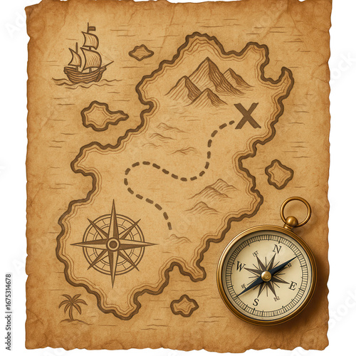 Vintage treasure map with compass illustration isolated PNG with Transparent Background