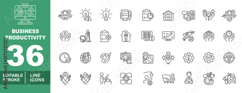 Remote work line icon set. Exclusive remote work line icon collection. Containing video, multitasking, idea, planning, schedule, briefcase, teamwork, support, efficiency, investment. Editable stroke