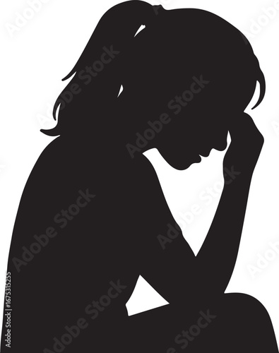 Sad woman holding her head in despair silhouette