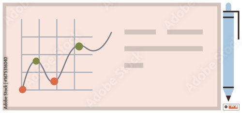Graph chart displaying data points and a rising curve, textual notes to the right, and a pen for annotation. Ideal for analytics, business planning, education, presentations, growth strategy