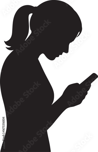 Young woman s silhouette using a smartphone with a ponytail