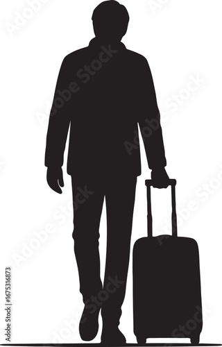 Man with rolling suitcase walking away silhouette