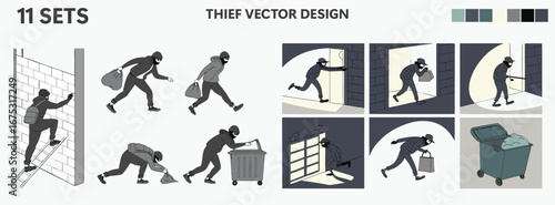 Thief Vector Illustration Set, Burglar & Robber Icon Collection, Masked Criminal Silhouette Design Pack