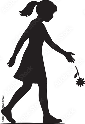 Young girl walking and dropping a flower silhouette