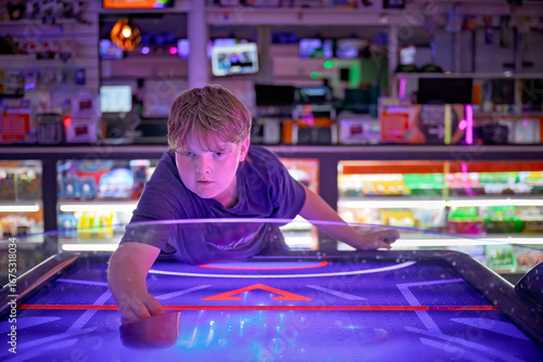 Teenage boy having fun at entertainment games arcade playing amusement center machines