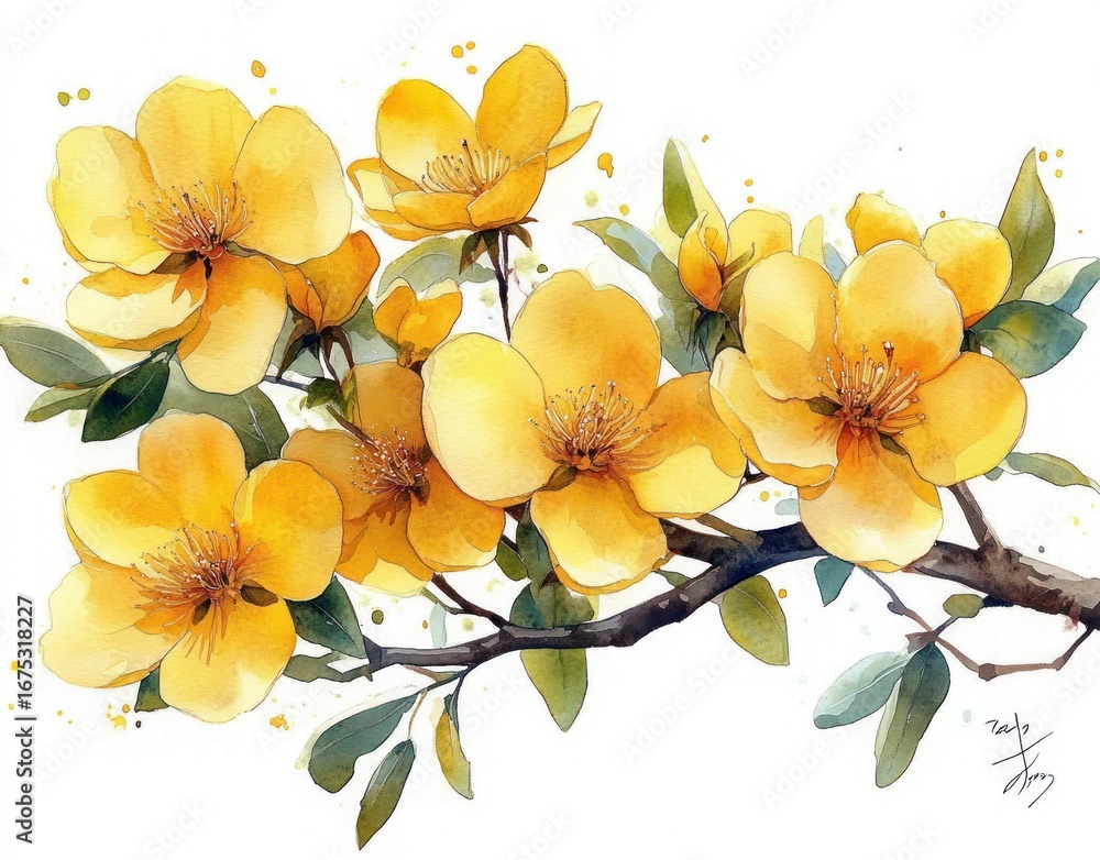 Naklejka premium Watercolor painting of vibrant yellow flowers blooming on a leafy branch with soft green leaves and delicate detailed petals conveying warmth and natural beauty