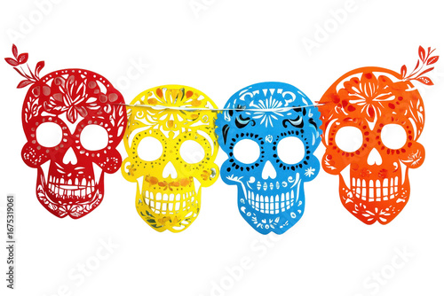 Colorful papel picado decorations showcasing skull designs for Day of the Dead celebration in vibrant hues at a festive setting