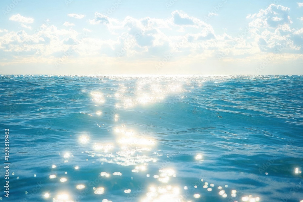 Obraz premium Sunlight sparkling on clear blue ocean waves under a bright cloudy sky creating a peaceful and serene atmosphere