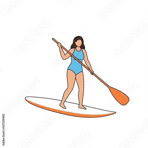 Active young woman in a blue swimsuit enjoying a summer water sport on a stand up paddleboard, isolated vector illustration