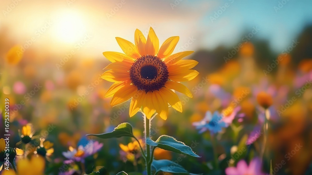 Fototapeta premium Bright yellow sunflower in full bloom standing tall in a vibrant field of various colorful flowers during a sunny day