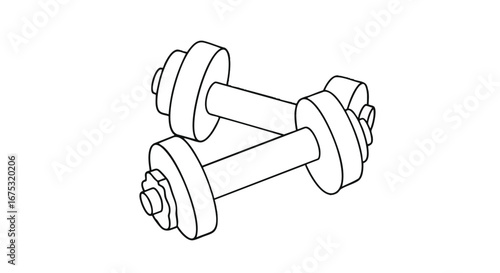 A simple black and white line art illustration of two dumbbells for fitness and workout concepts. Vector icon for gym and strength training