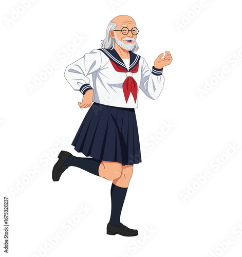 Funny Elderly Man with a Beard in a Japanese Schoolgirl Uniform