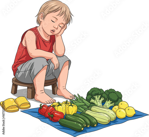 Tired Little Boy Falling Asleep While Selling Vegetables at a Market