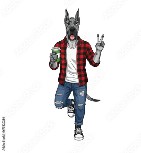 Cool Hipster Great Dane Dog with Coffee Making a Peace Sign