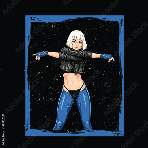 Futuristic Cyberpunk Girl in a Leather Jacket Posing