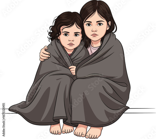 Two Scared Homeless Children Huddled Under a Blanket