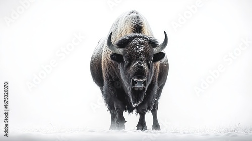 Large bison standing in snow with snow covering its back and head against a white winter background, looking directly at the camera