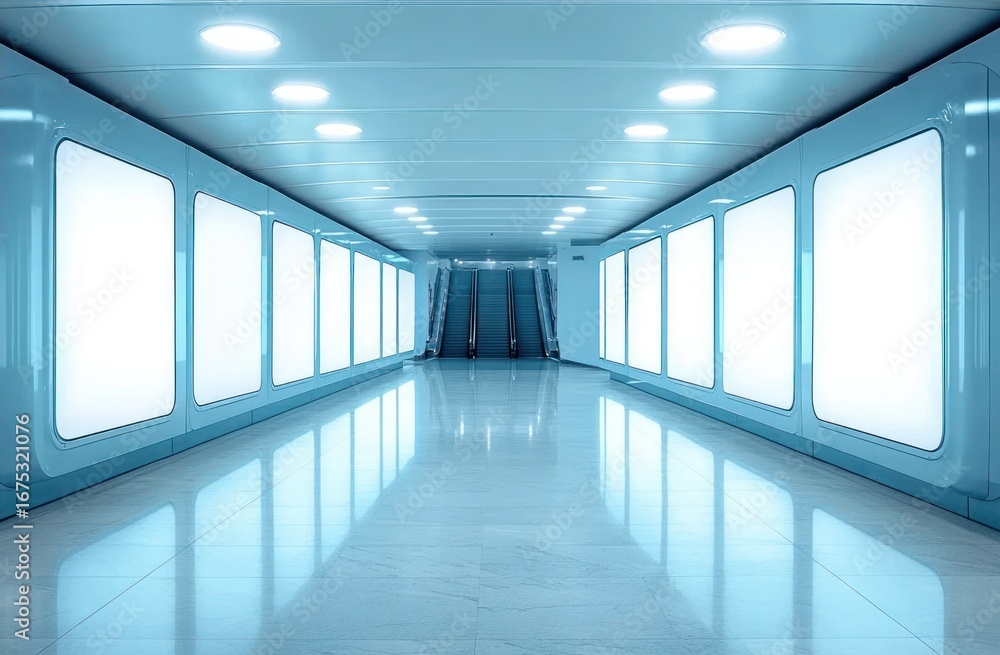 Fototapeta premium Bright and modern hallway with illuminated blank advertisement panels on both sides and escalators in the distance, creating a clean and futuristic atmosphere