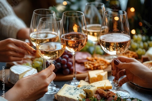 Close-up of hands toasting with white and rosé wine glasses over a table set with various cheeses, grapes, and charcuterie, evoking a warm and festive gathering