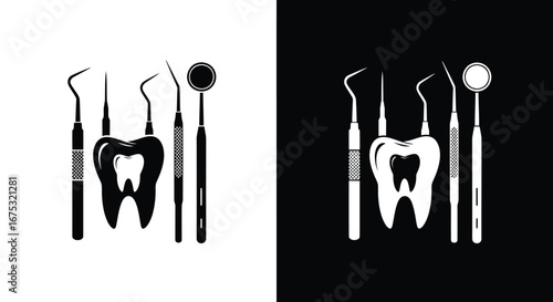 A set of dental instruments and a tooth illustration, presented in both black and white versions against contrasting backgrounds.