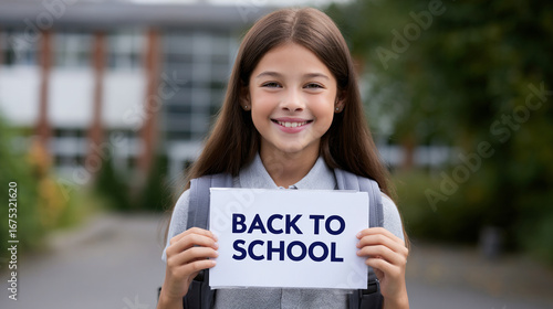 Wallpaper Mural Smiling Girl Holding Back To School Sign At School Building Torontodigital.ca