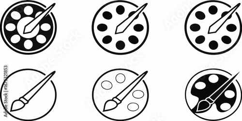 Collection of six simple black and white icons representing art and creativity with paintbrushes and palettes