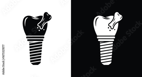 Black and white icons of a dental implant with a screw base, crown, and bone graft.