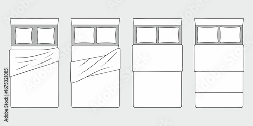 Top view illustration of four different bed arrangements with pillows and blankets