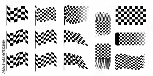 Collection of checkered racing flags and checkered patterns in various styles and orientations